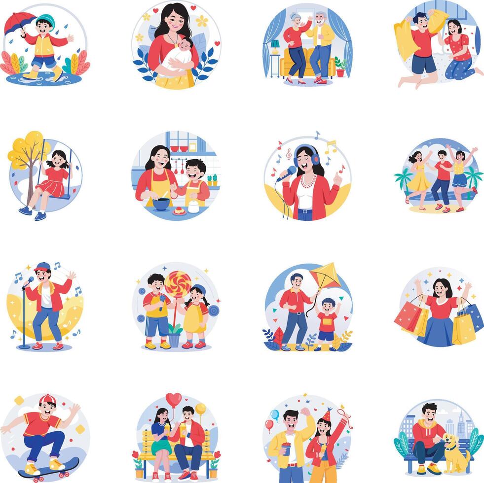 Colorful family activity illustrations vector