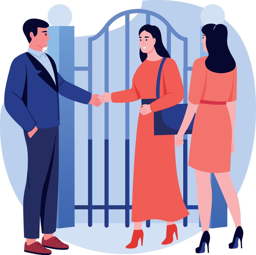A flat style illustration showing a property agent greeting customers vector