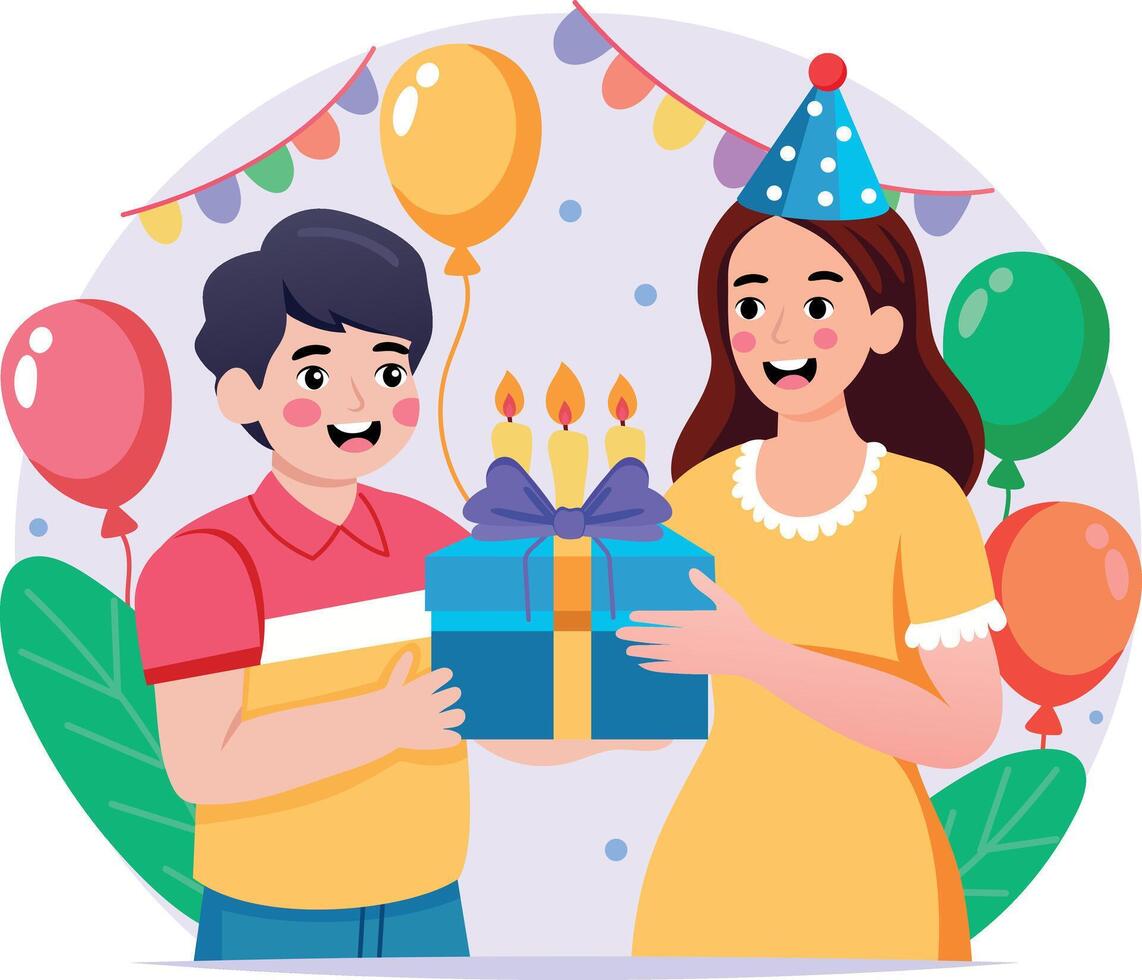 A flat style illustration showing a person holding a birthday gift vector