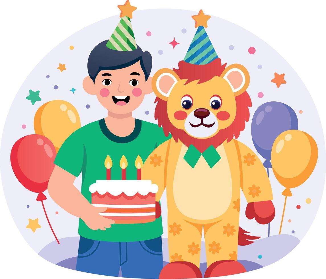 A flat style illustration showing a kid with his birthday toy vector