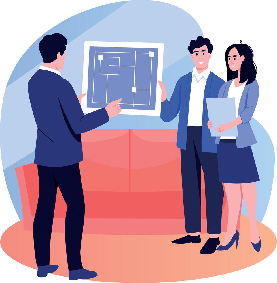 A flat style illustration showing some people doing a house plan vector