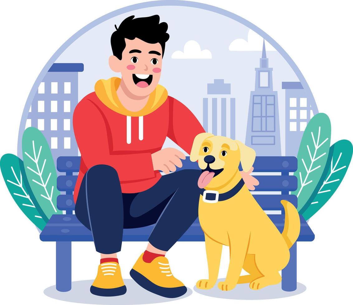 A flat style illustration showing a boy loving his pet vector