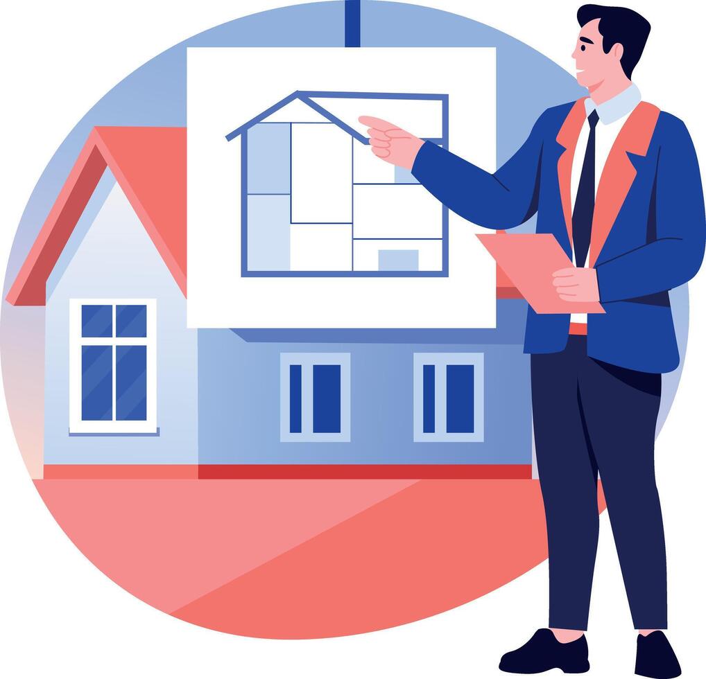 A flat style illustration of a person showing house blueprint vector