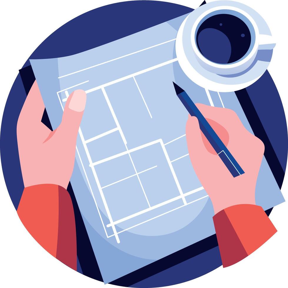 A flat style illustration showing a person drafting vector