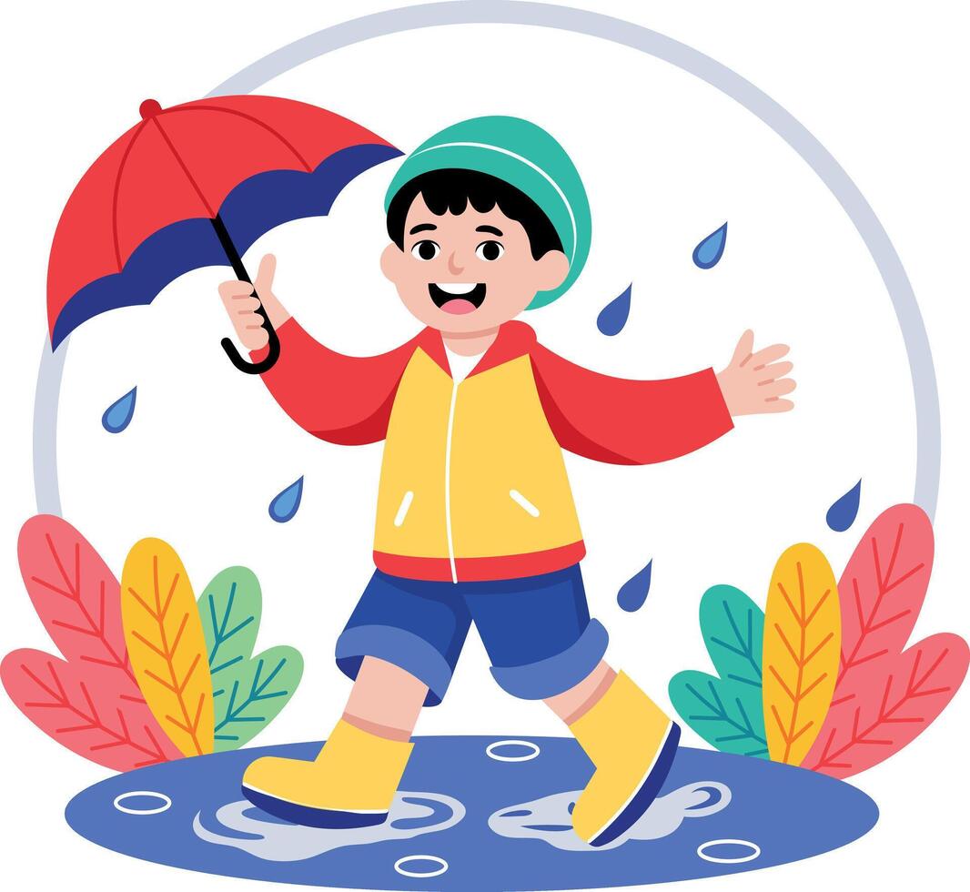 A flat style illustration showing a kid enjoying raining vector