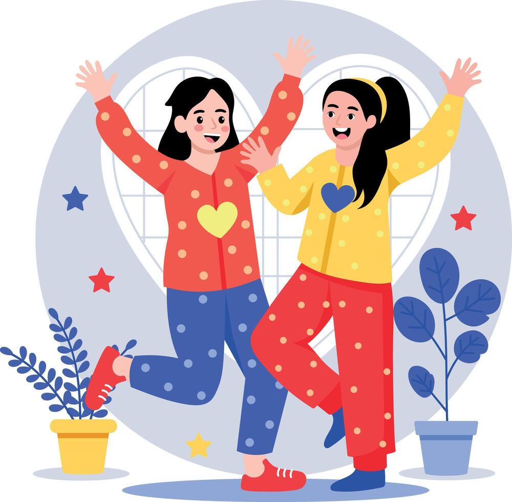 A flat style illustration showing girls having pajama party vector