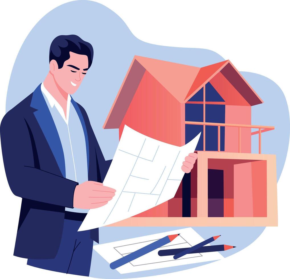 A flat style illustration of a person looking at house architect vector