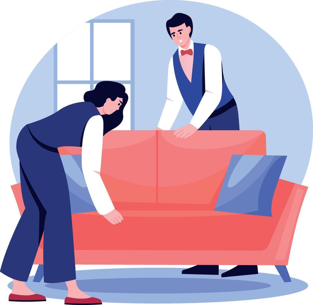 A flat style illustration showing a person arranging furniture vector
