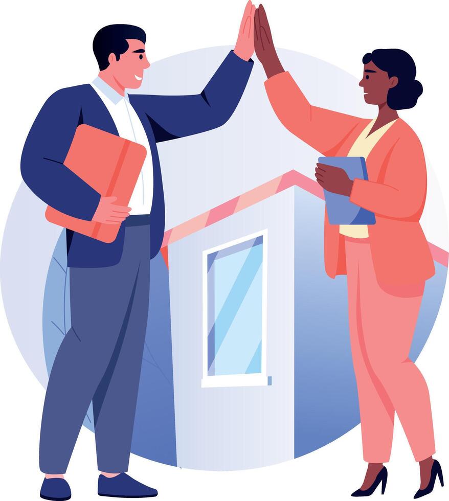 A flat style illustration showing two people doing a deal celebration vector