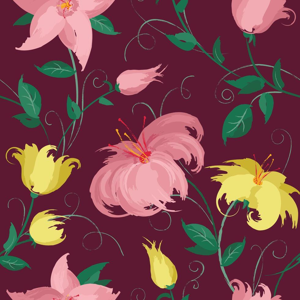 Vinous seamless print with gentle pink and yellow flowers and green branches and leaves vector