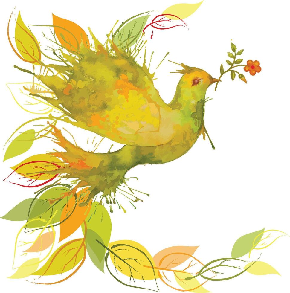 Watercolor green dove flying with flower branch and orange leaves - autumn vibes background vector