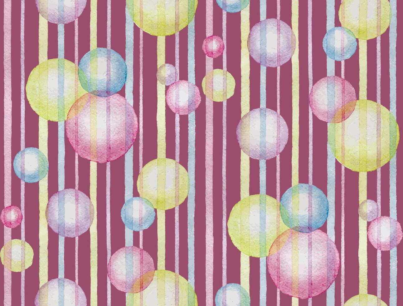 Hand pictured watercolor abstract geometric seamless pattern with blue,yellow,pink,violet bubbles and stripes elements on the violet rectangular background vector