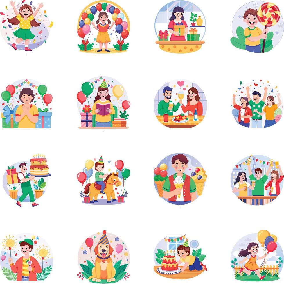 Colorful celebration illustrations with children and adults vector
