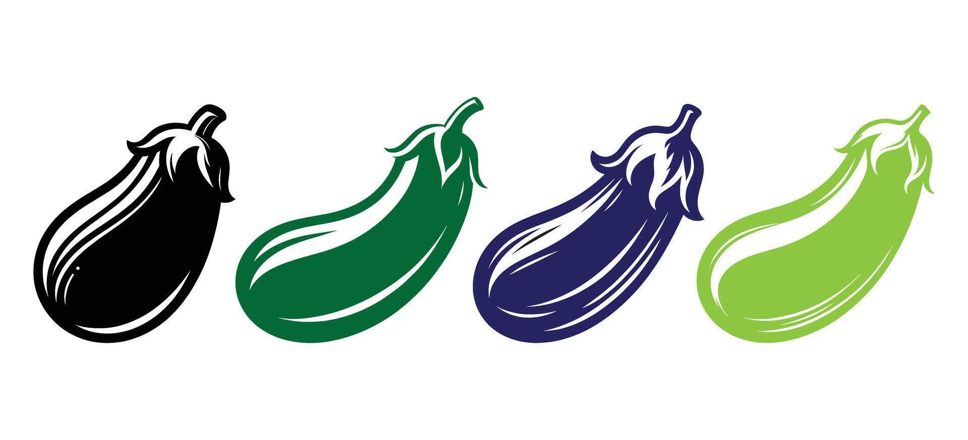 Colorful Eggplant Icons Set in Black Green Blue and Light Green Perfect for Food Illustration and Vegetable Design Concepts vector