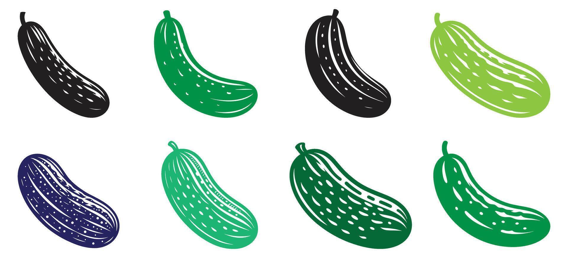 Colorful Cucumber Icons Collection in Multiple Styles for Healthy Food Packaging Organic Farming Nutrition and Garden Design Projects vector