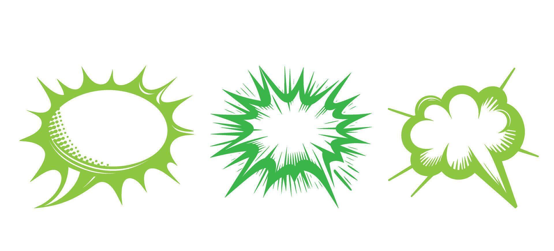 Green Comic Speech Bubble Explosion Burst Shapes for Pop Art Style Dialogue Message and Cartoon Design Elements vector