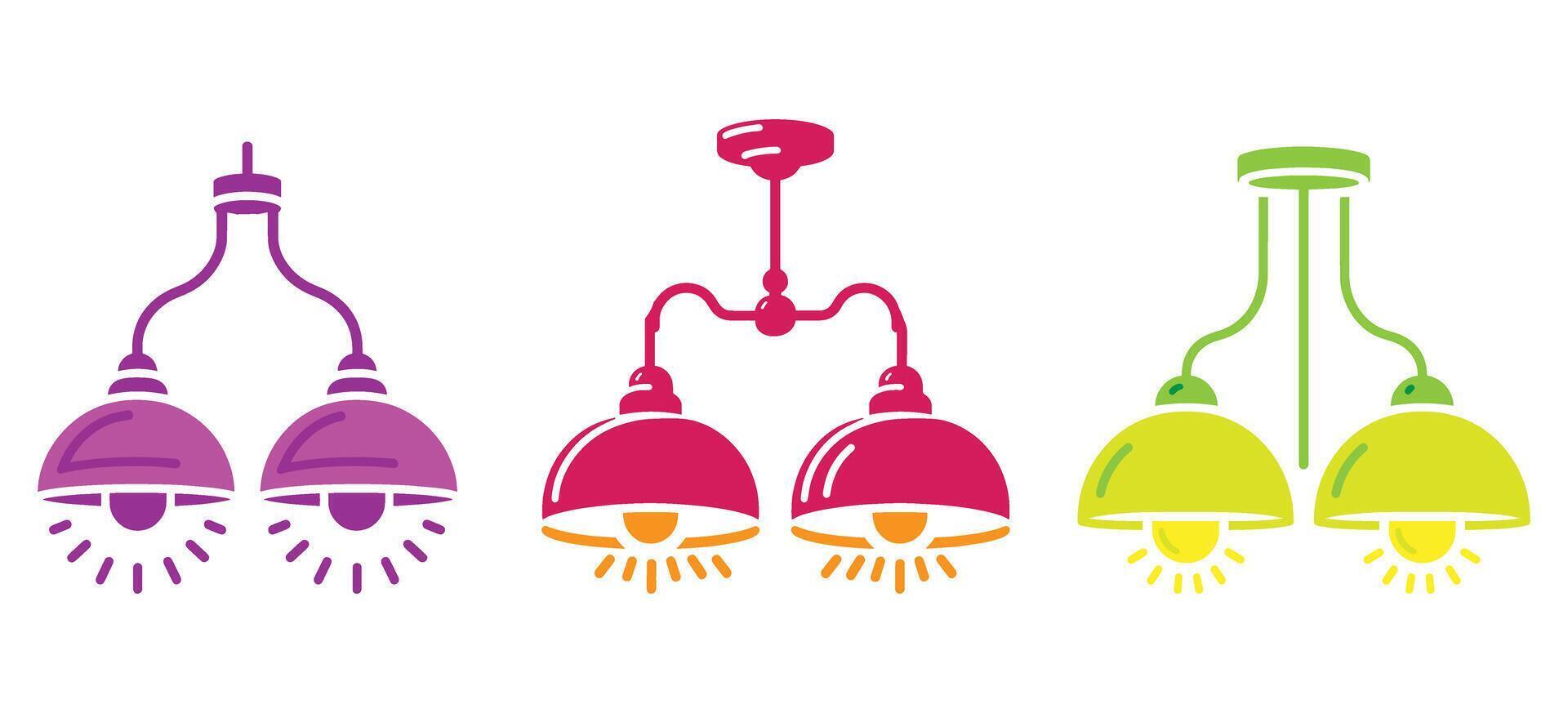 Colorful hanging ceiling lamp icon set with modern double dome lights for home interior decor and illumination graphic illustrations vector