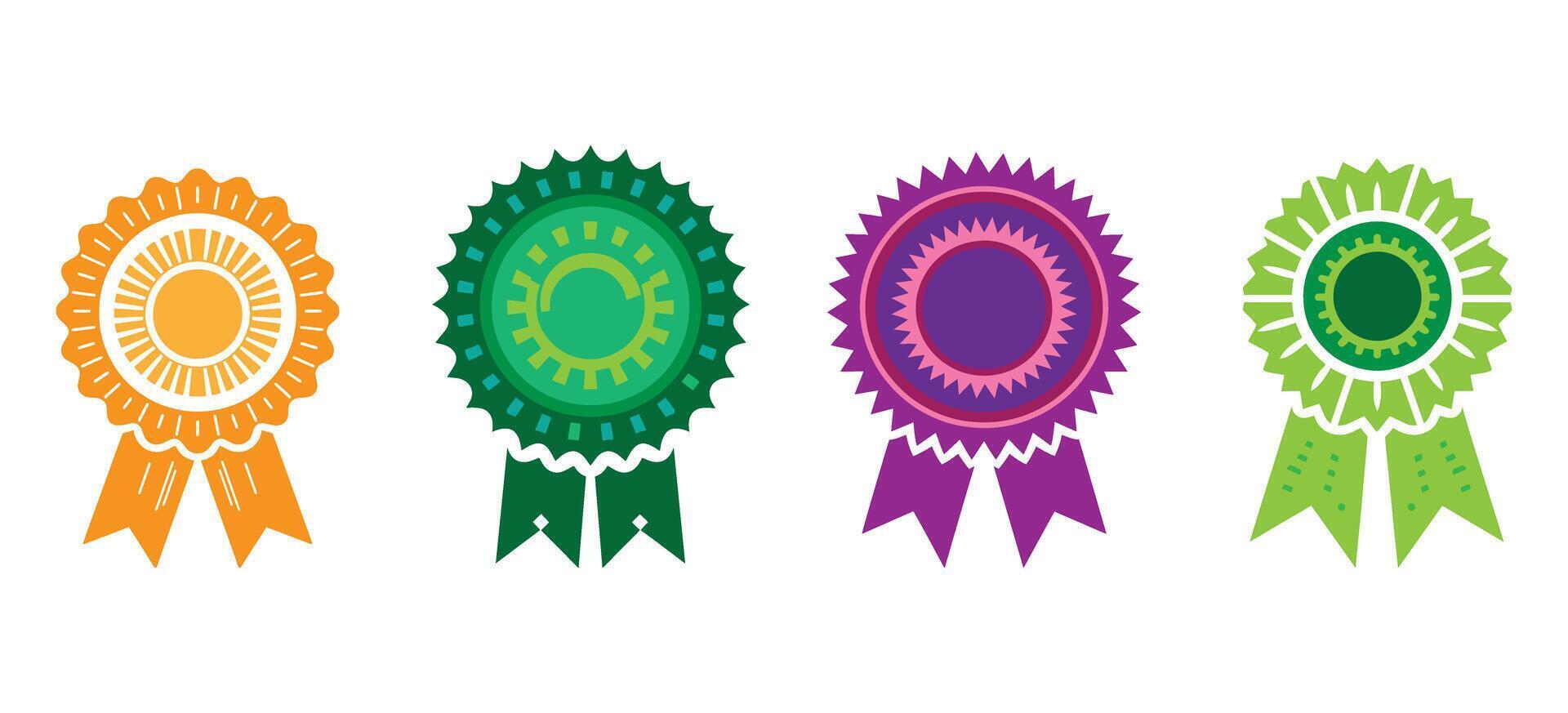 Colorful Award Ribbon Badge Collection with Starburst and Rosette Shapes for Achievement Medal Ceremony or Honor Recognition Design vector