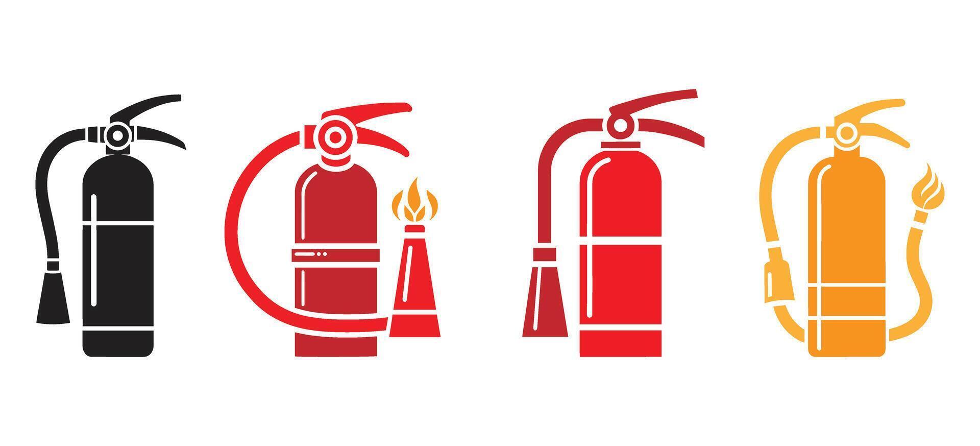 Colorful fire extinguisher icon set with safety nozzles and flames for emergency response, fire protection and firefighting illustrations vector