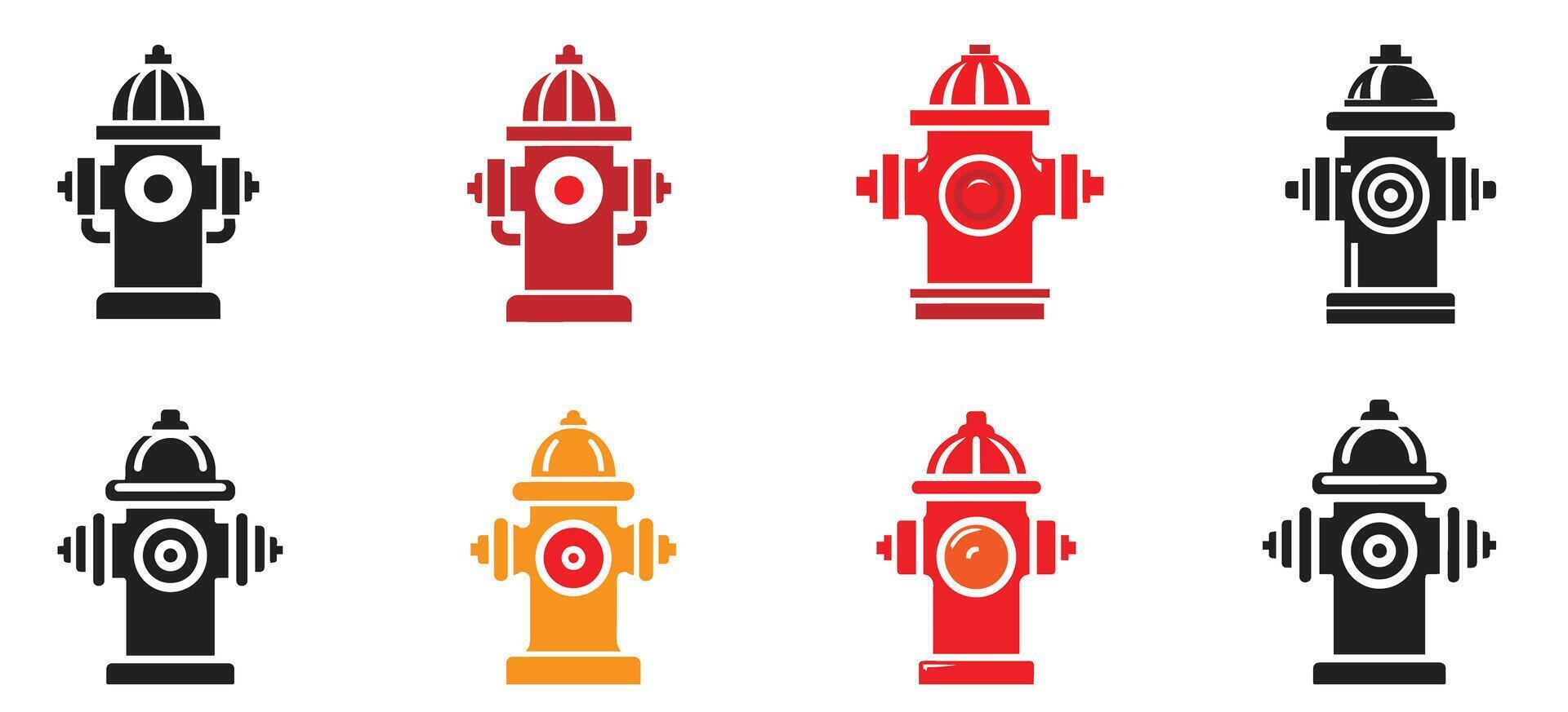 Colorful fire hydrant icon set for emergency services, safety signage, urban infrastructure and firefighter equipment illustrations vector
