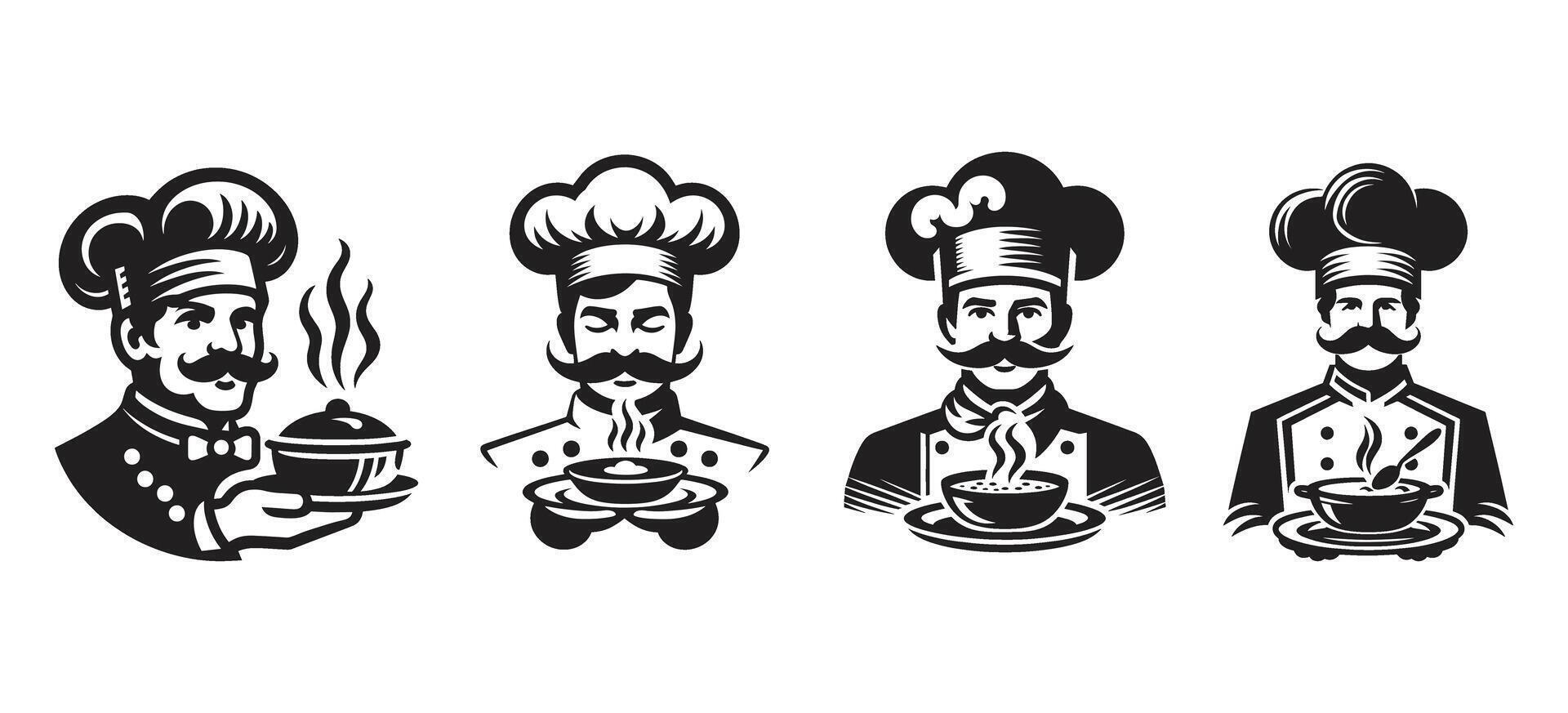 Classic Chef Characters Holding Hot Dishes with Mustache and Hat for Restaurant Branding Culinary Identity and Kitchen Decor vector