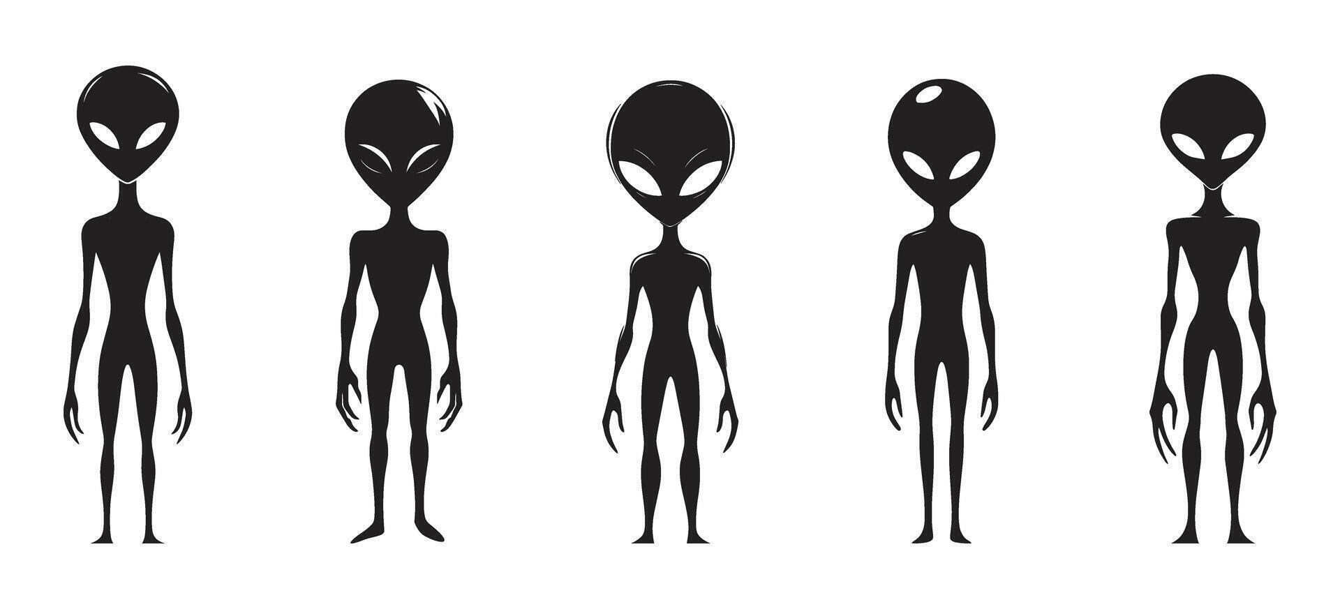 Creepy Alien Silhouette Set Featuring Black Extraterrestrial Humanoid Figures with Big Heads and Eyes for Sci Fi Fantasy Design Themes vector