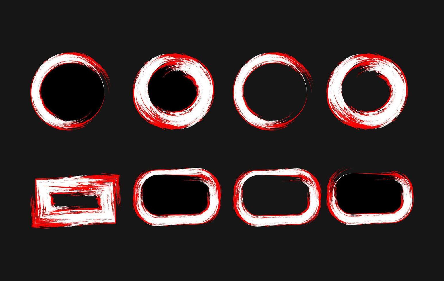 Collection of Hand Painted Brush Red and White Artistic rough frame shapes including circles, rectangles, and rounded rectangles in a grunge style. Ideal for modern and edgy design projects vector