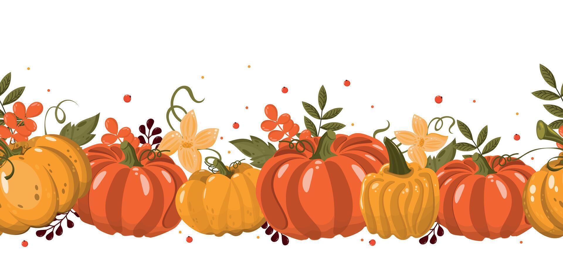 Border for design. Autumn warm illustration, autumn, pumpkins, harvest, colorful leaves. vector