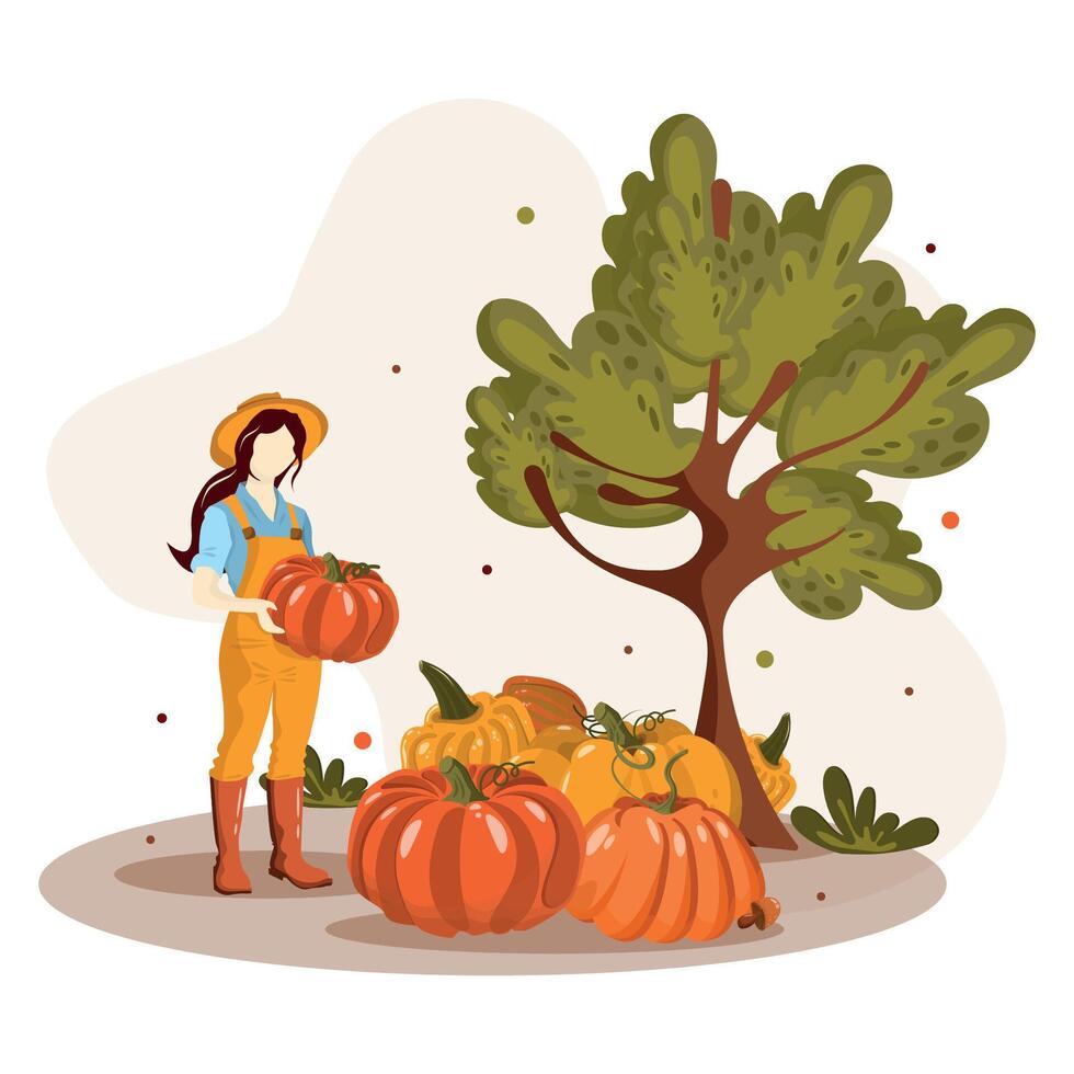 Woman with pumpkins in a field vector