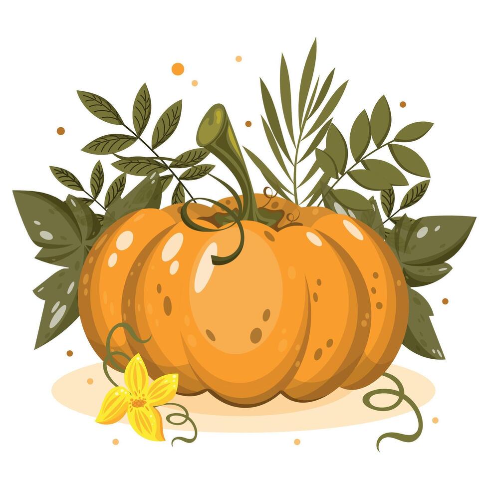 Orange pumpkin with green leaves vector