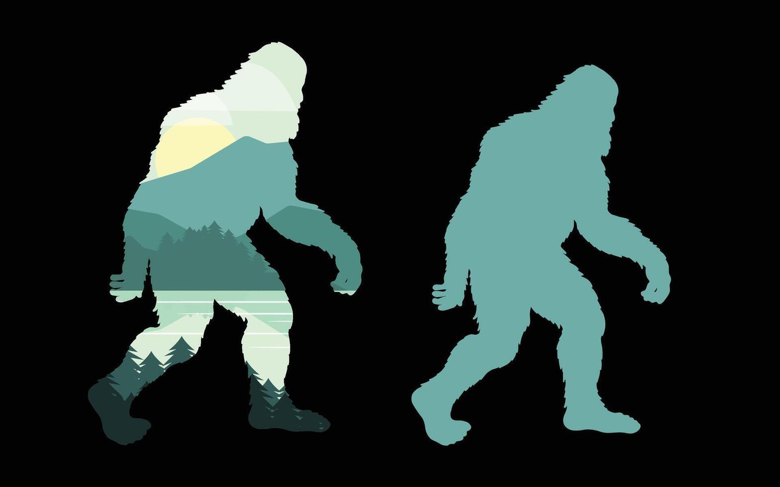 Bigfoot Silhouette with Double Exposure Forest Landscape, Mythical Creature Illustration vector