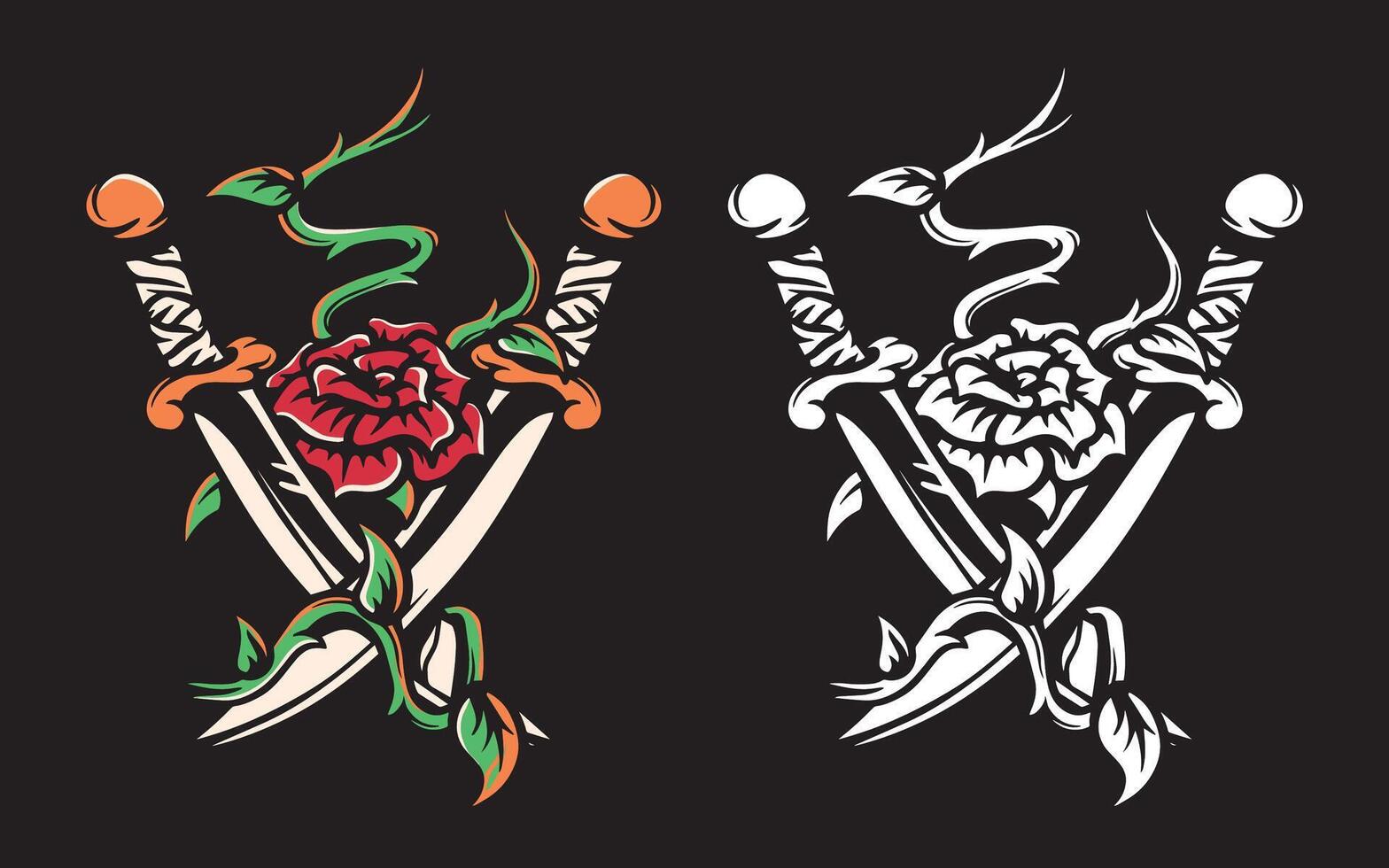 Knife and Rose tattoo design set vector