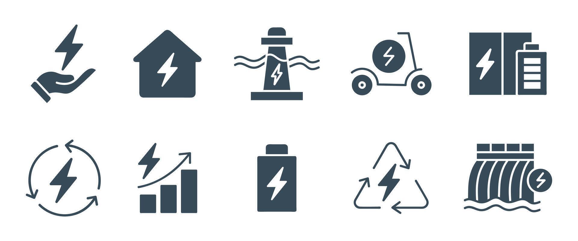Renewable Energy and Power Generation Glyph Icons Set - Sustainable Electricity and Eco-Friendly Icons vector