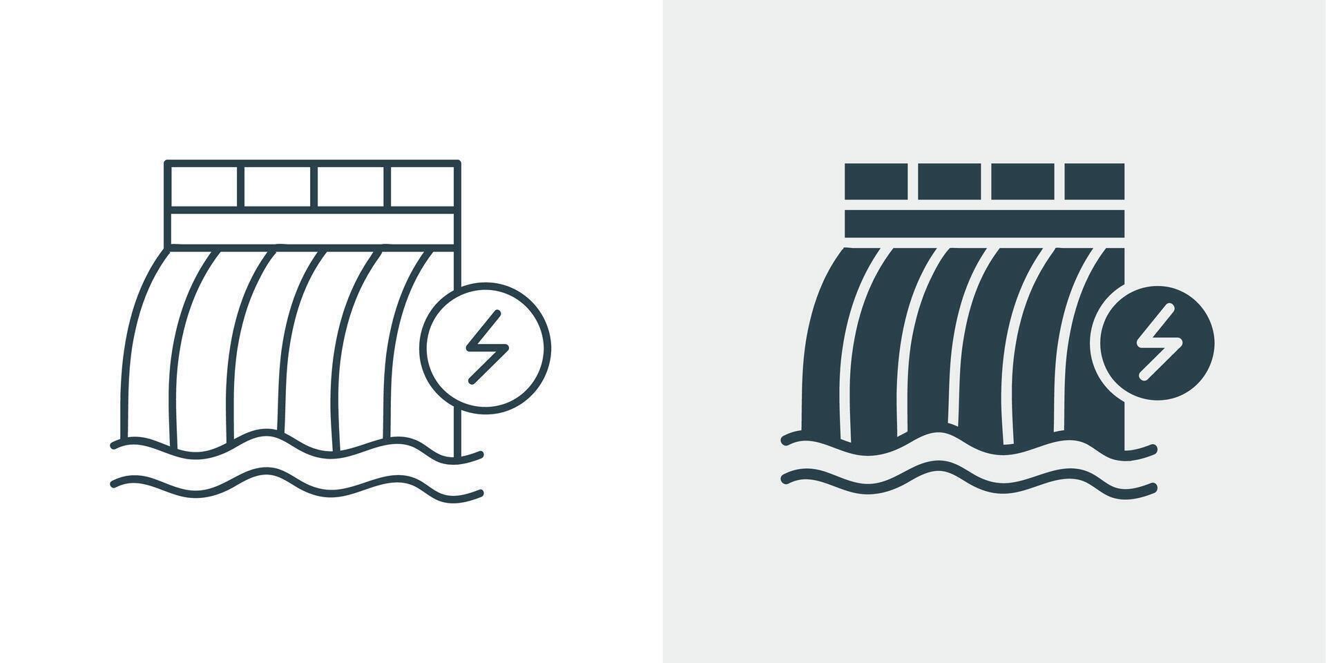 Hydroelectric Power Dam Icon - Renewable Energy Generation Symbol in Line and Solid Illustration vector