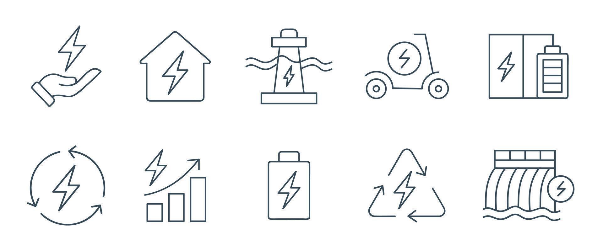 Renewable Energy and Power Generation Line Icons Set - Sustainable Electricity and Eco-Friendly Outline Symbols Illustration vector