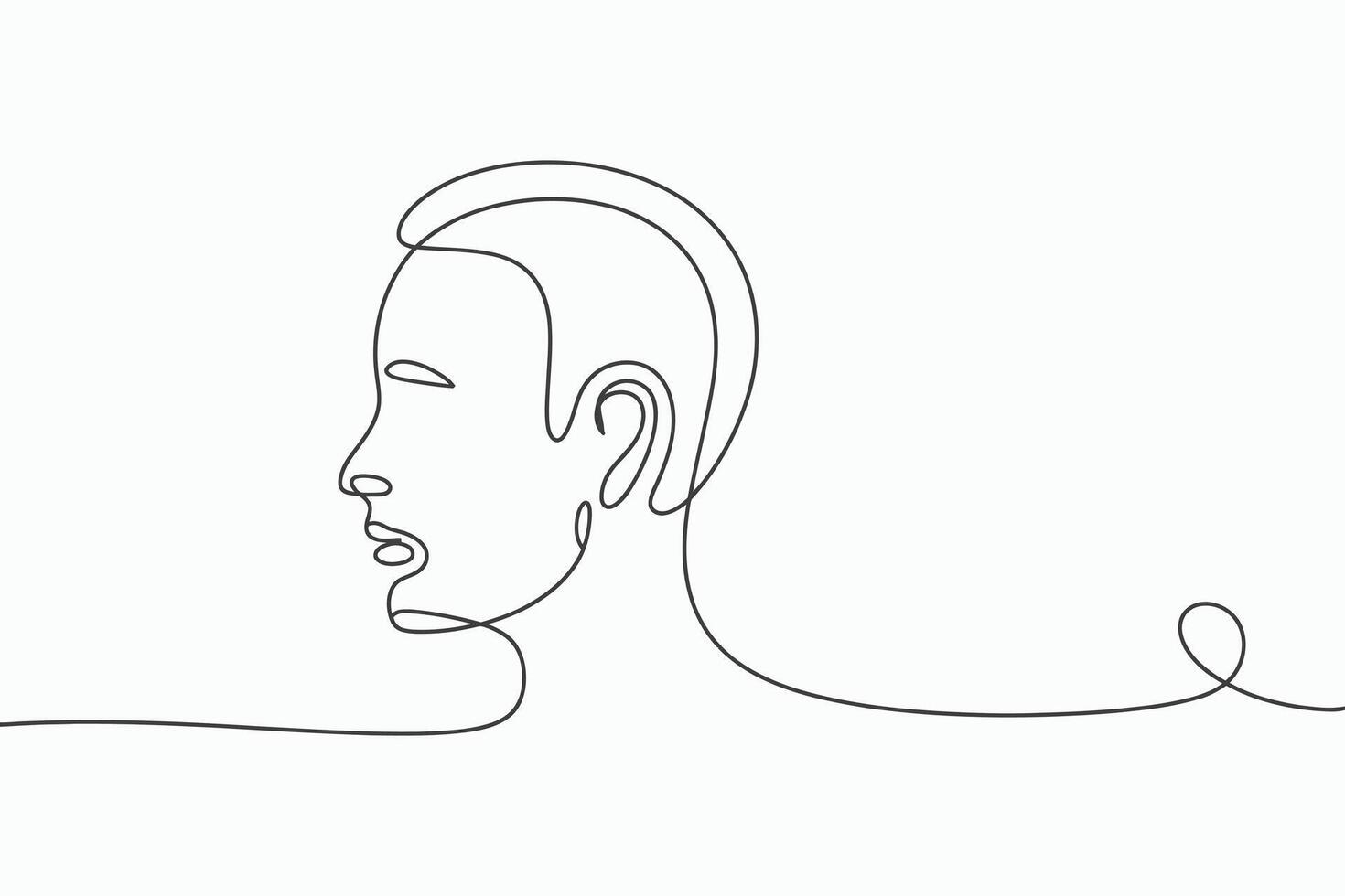 Minimalist single line drawing of a human head profile with a flowing abstract element vector