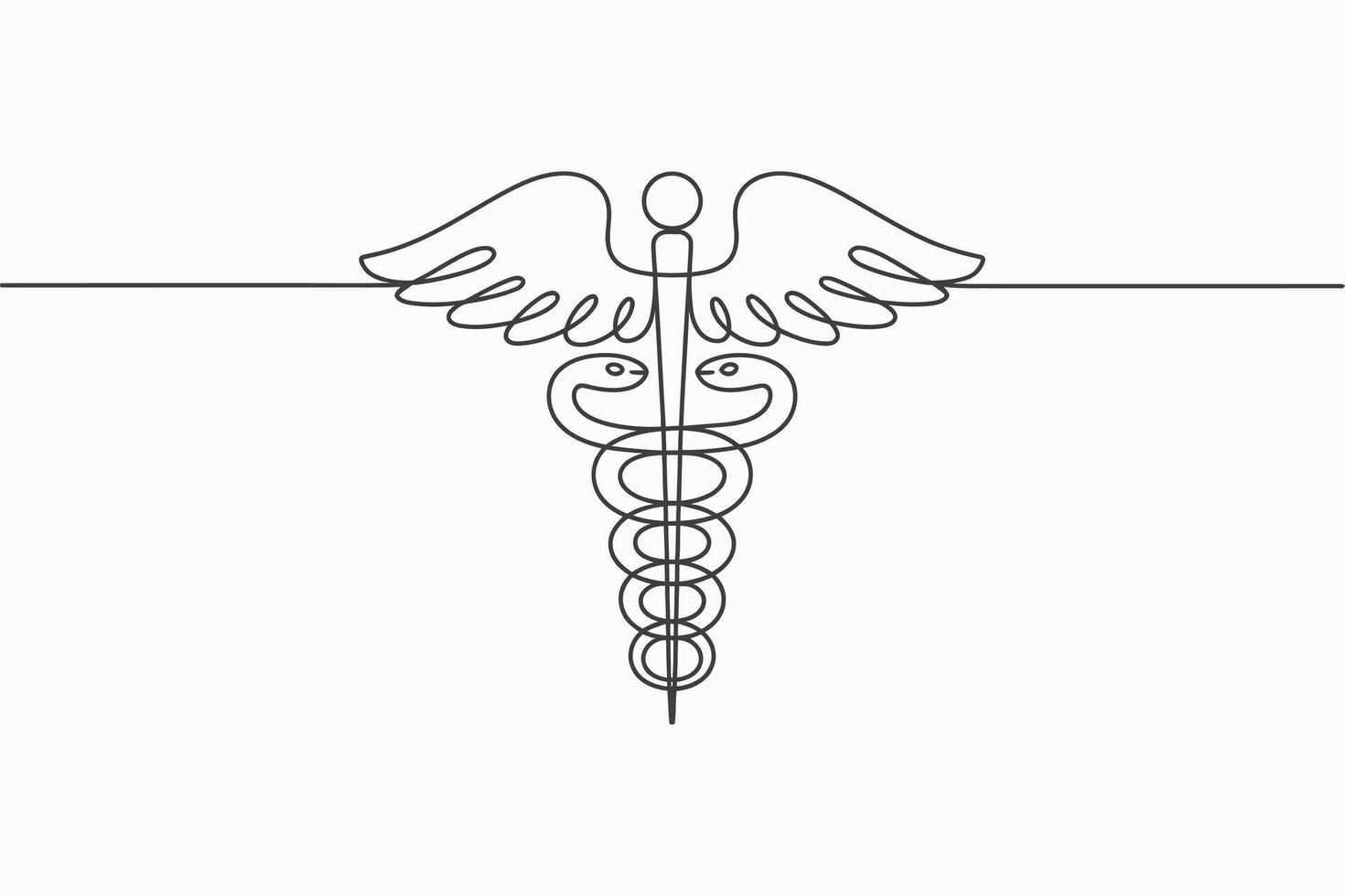 Minimalist single line drawing of the caduceus symbol with wings and snakes vector
