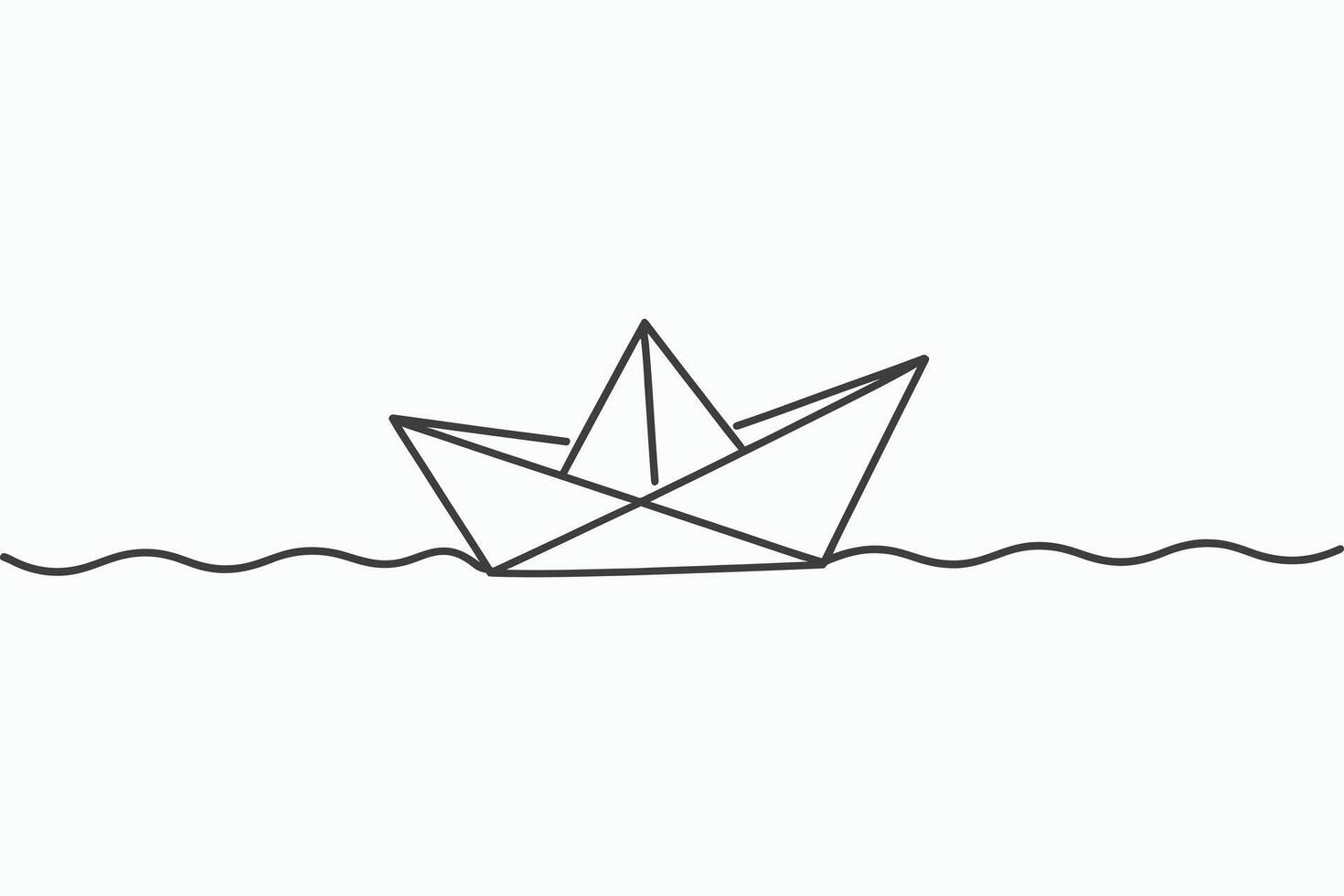 Simple line drawing of a paper boat floating on wavy water vector