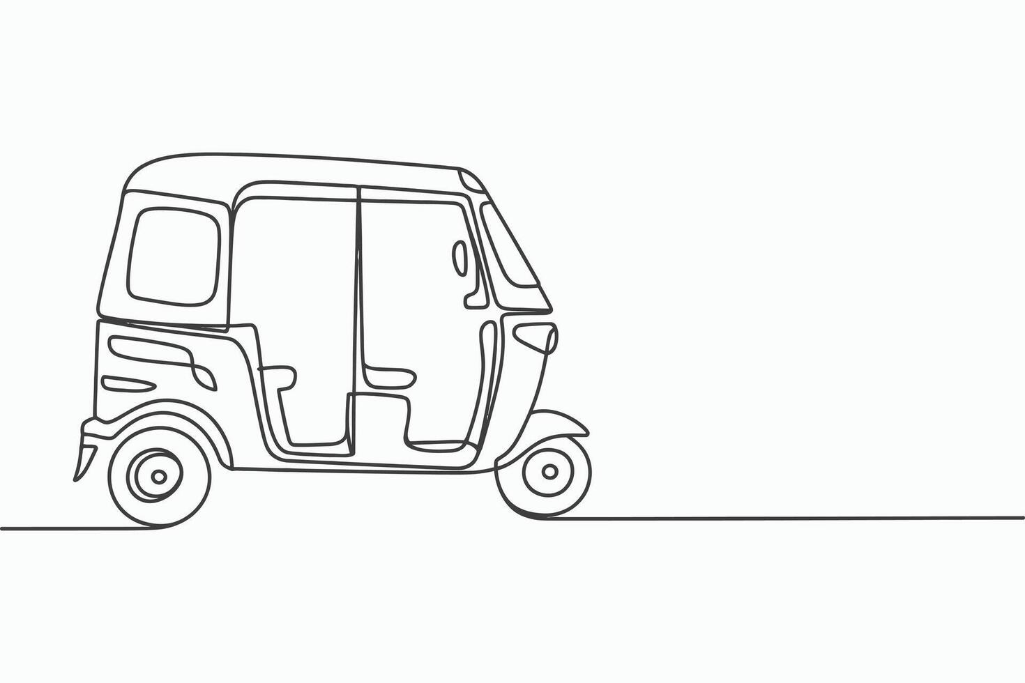 Minimalist single line drawing of a three wheeled auto rickshaw on a white background vector