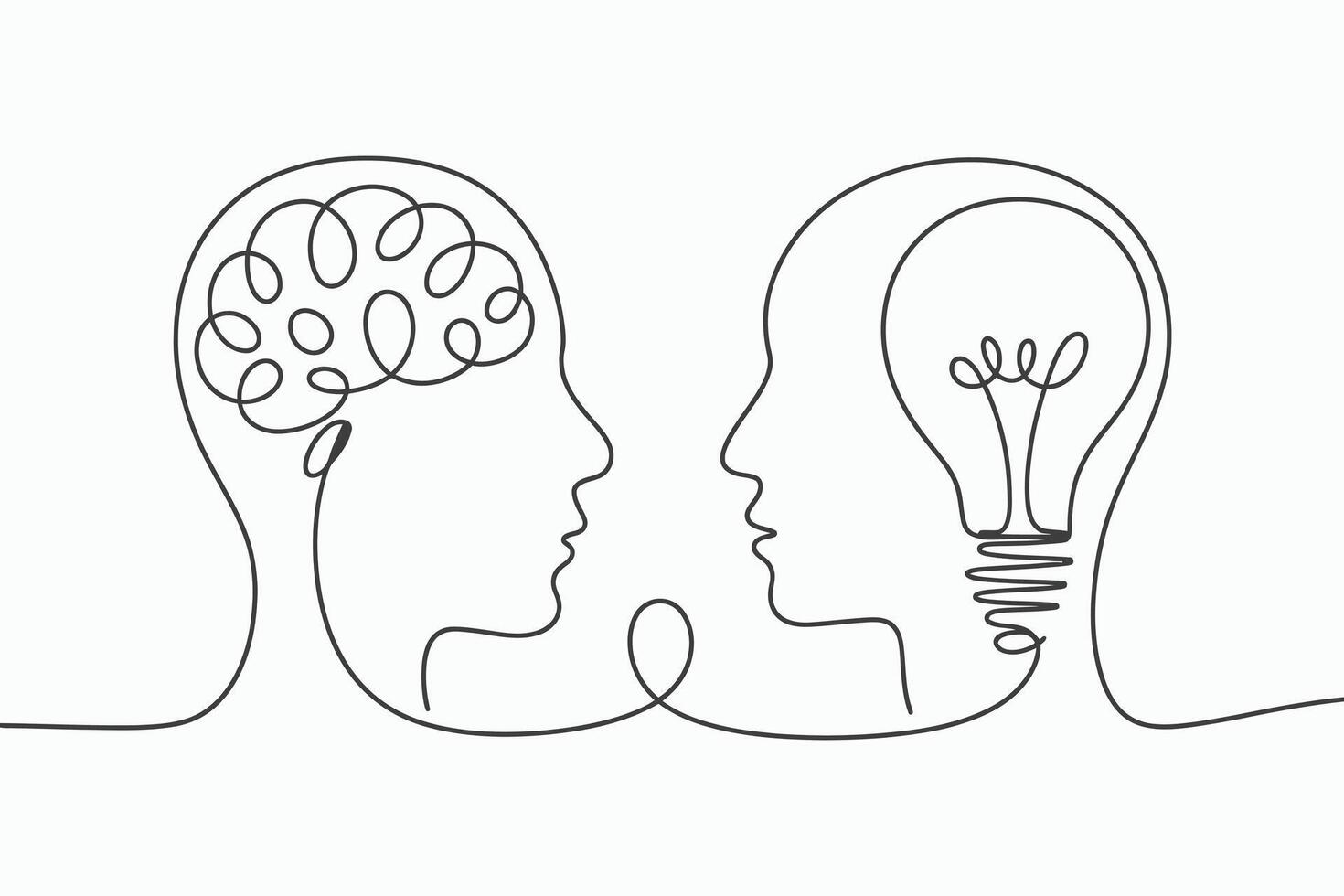 Two abstract heads facing each other one with a brain and the other with a lightbulb vector