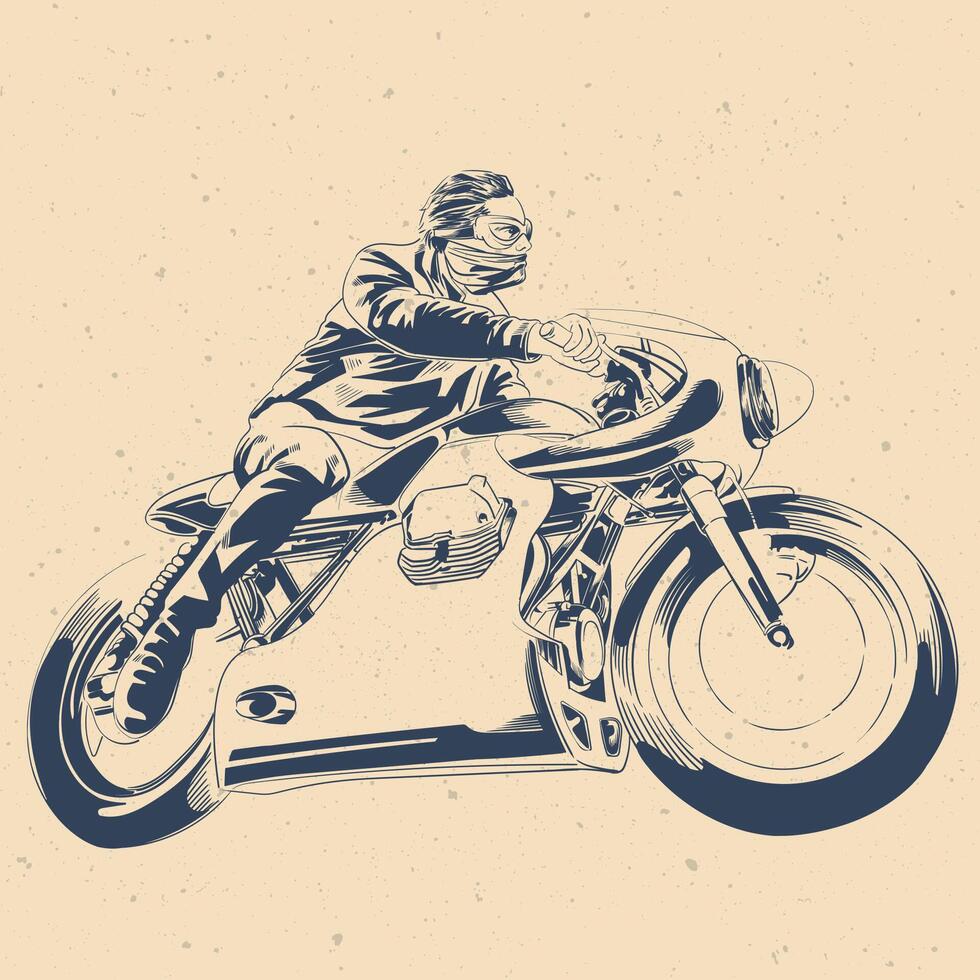 Vintage Cafe Racer with Fairing Retro Ink Illustration vector
