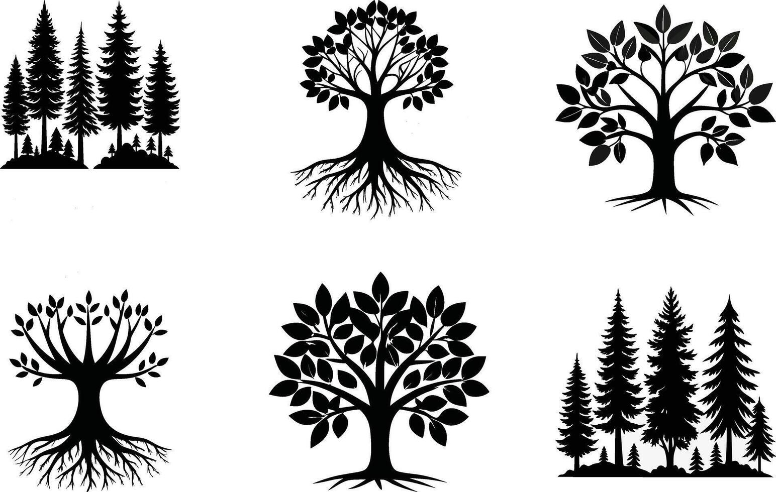 Tree and forest silhouettes in black and white for nature-themed illustrations vector