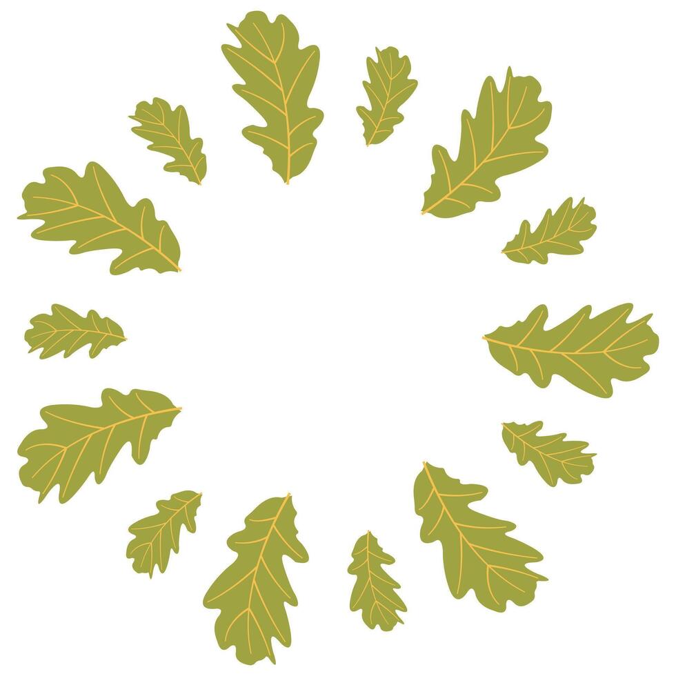 Fall season flat frame with big and small green leaves in modern style. Hand drawn illustration for banners, cards, social media vector
