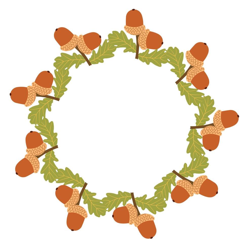 Fall season flat frame with acorns and green leaves in modern style. Hand drawn set for banners, cards, social media vector