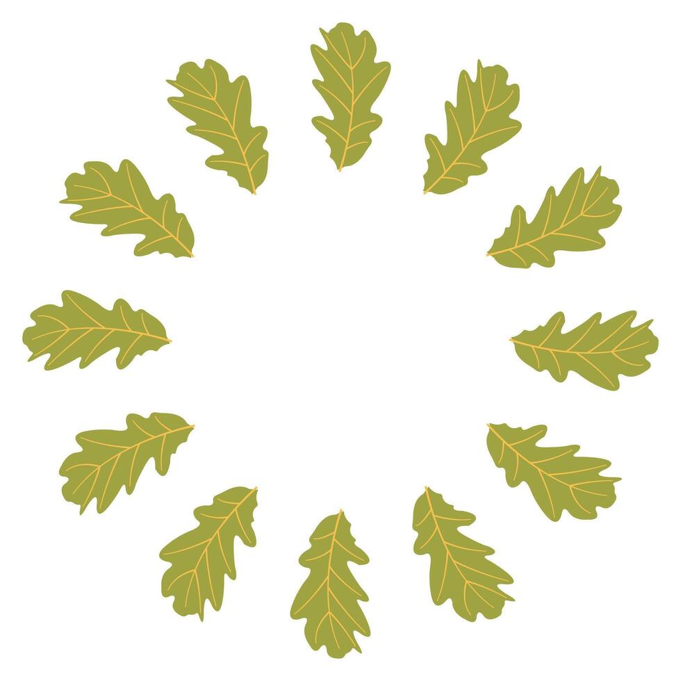Autumn themed flat round frame with green leaves for creative designs. Hand drawn illustration for banners, cards, social media vector