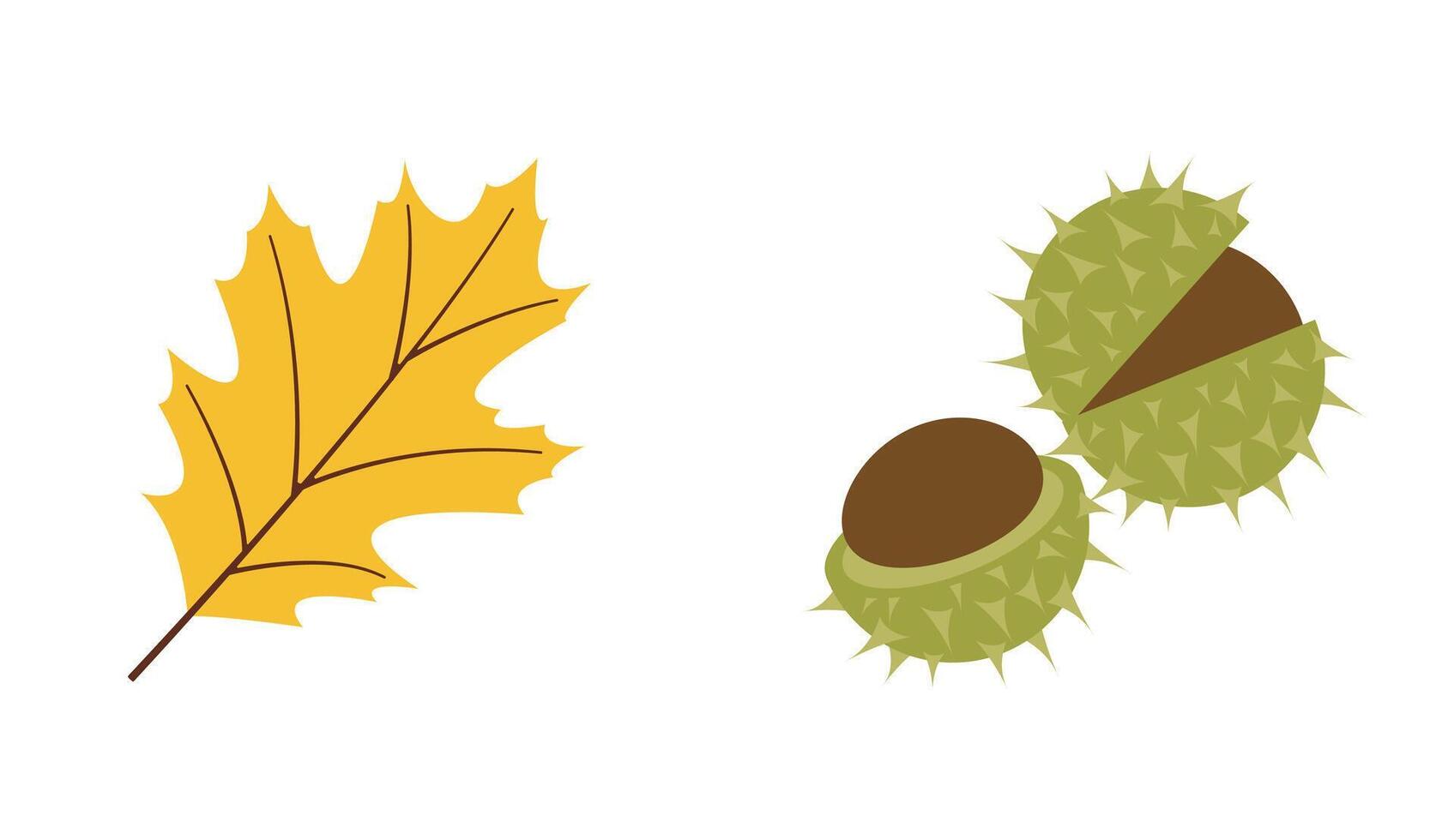 Autumn nature flat vectors yellow leaf, chestnuts for seasonal projects