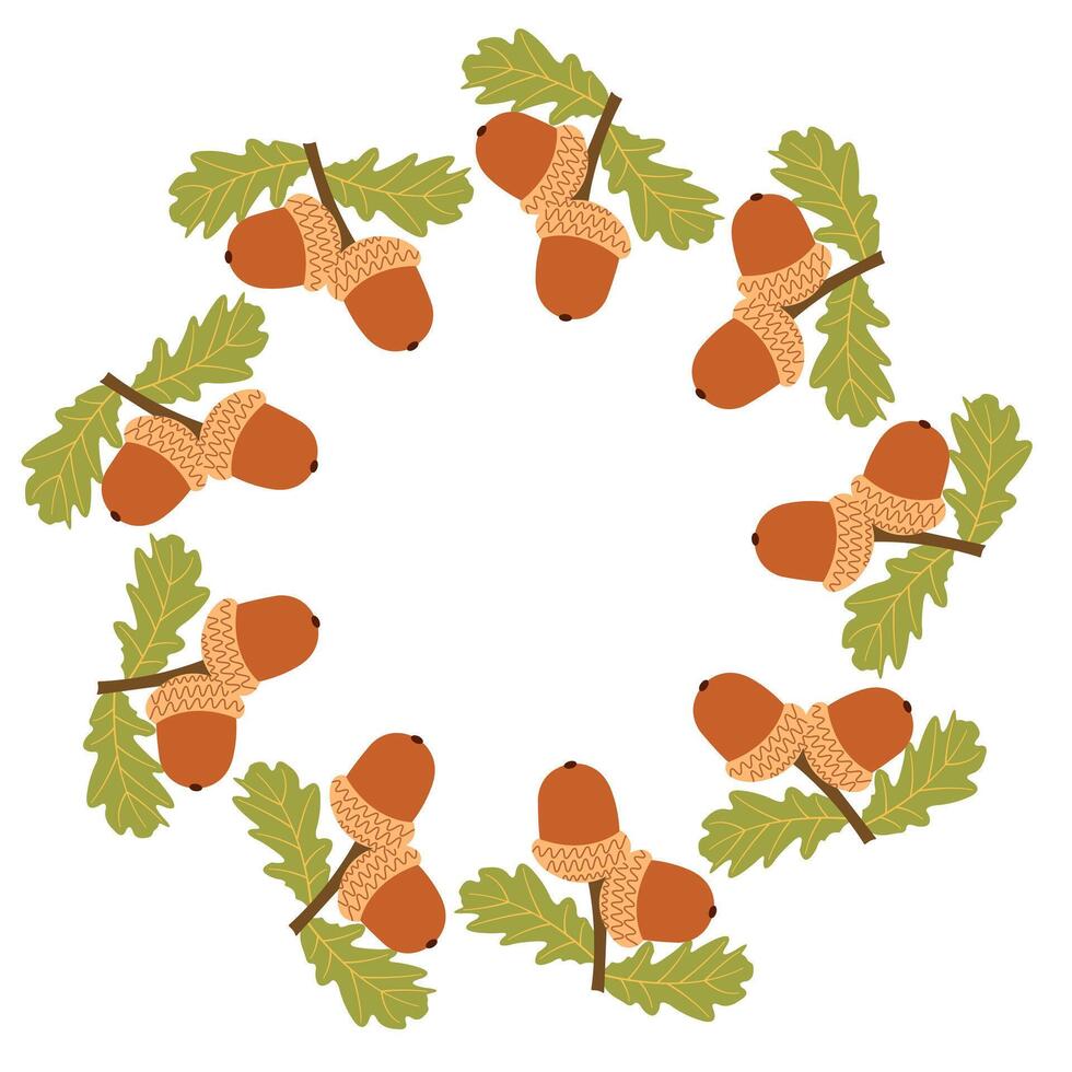 Autumn harvest flat frame with acorns and leaves for fall designs. Hand drawn illustration for banners, cards, social media vector