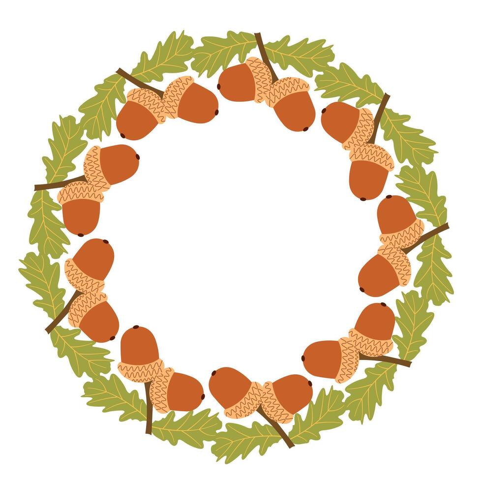 Autumn nature flat frame with acorns and green leaves for seasonal projects. Hand drawn illustration for banners, cards, social media vector