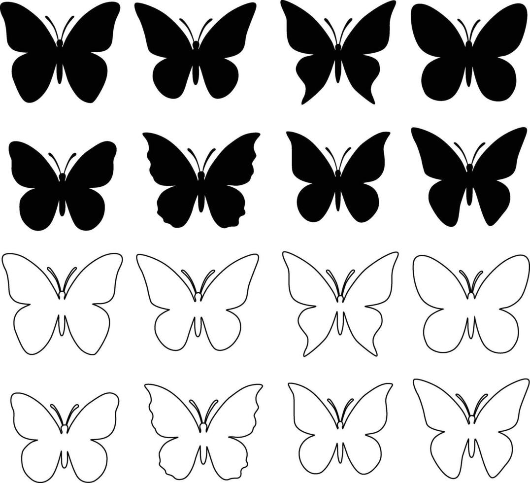 Butterfly Silhouette Bundle Flat and Outline Design vector
