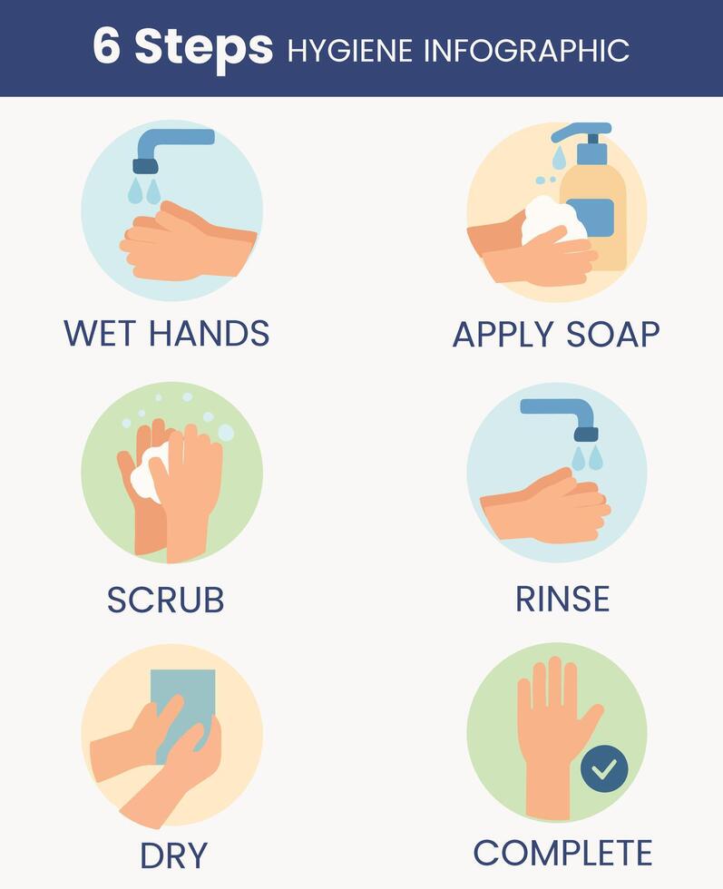 6 Essential Hand Washing Steps for Better Hygiene Infographic Guide vector